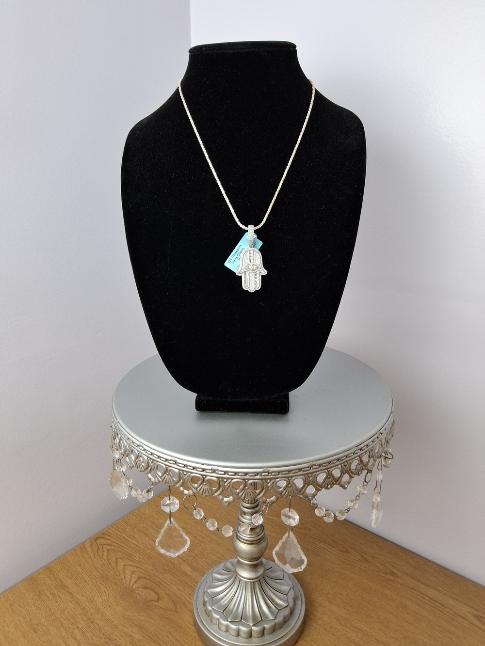 925 Sterling Silver Moissanite Hamsa Charm Pendant 3.21ctw Rope Chain Necklace